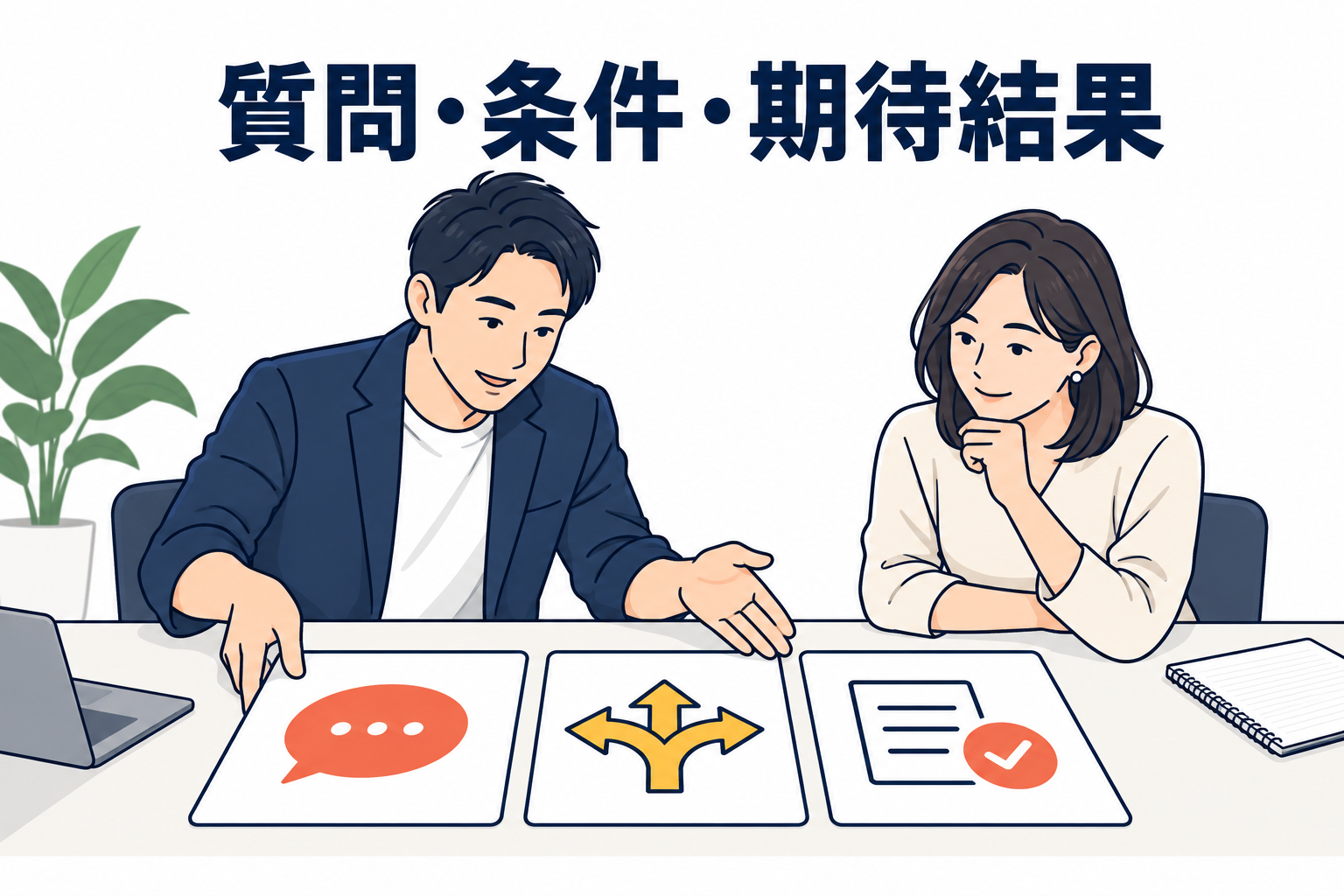 質問・条件・期待結果ための概念図。実際の製品画面ではありません。