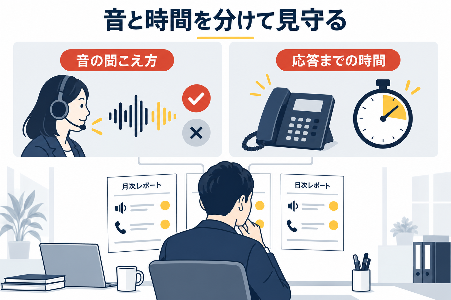 音の聞こえ方と、応答までの時間を分けて結果を見るイメージ。具体的な測定指標は導入構成に応じて決めます。