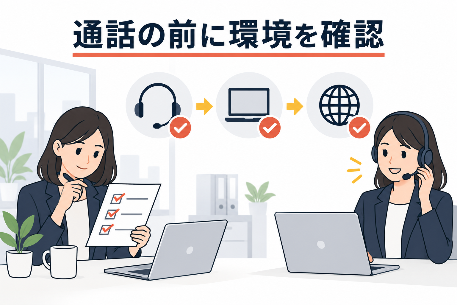 始業時の端末・接続・音声確認の例。確認に合格した後も状態は変化します。