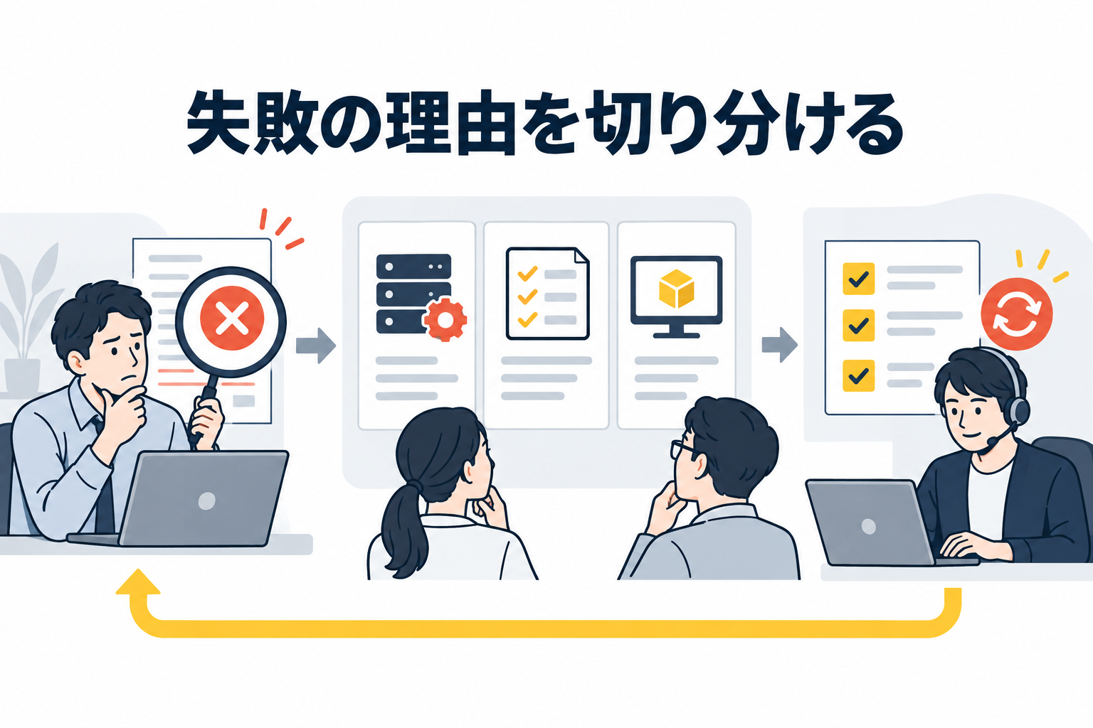 失敗した段階と前提条件を確認し、原因に応じて修正・再試験する流れです。