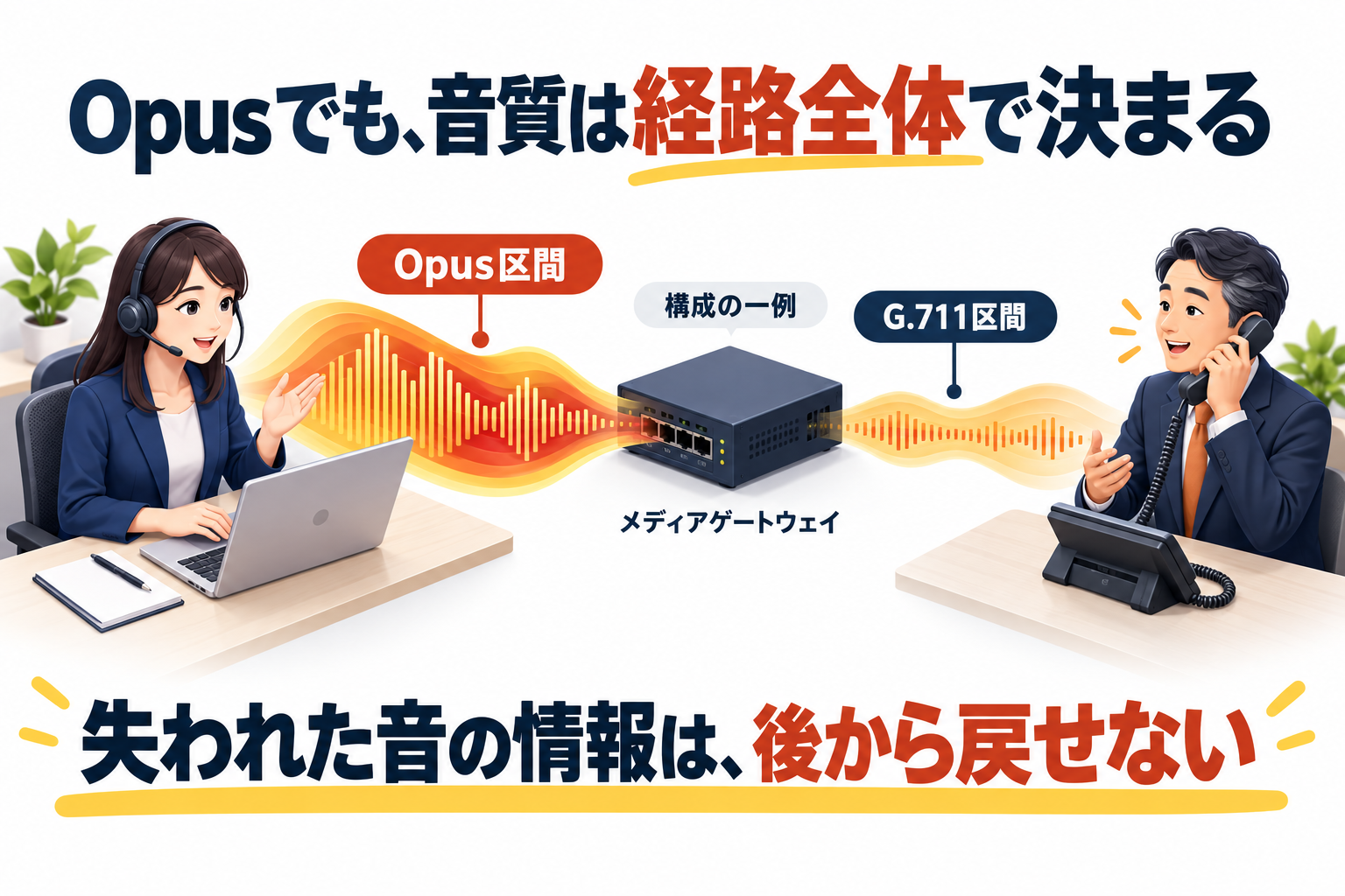 ヘッドセット担当者と電話利用者をつなぐ通話経路の一例。Opus区間とG.711区間を機器と音の帯のイラストで表現。