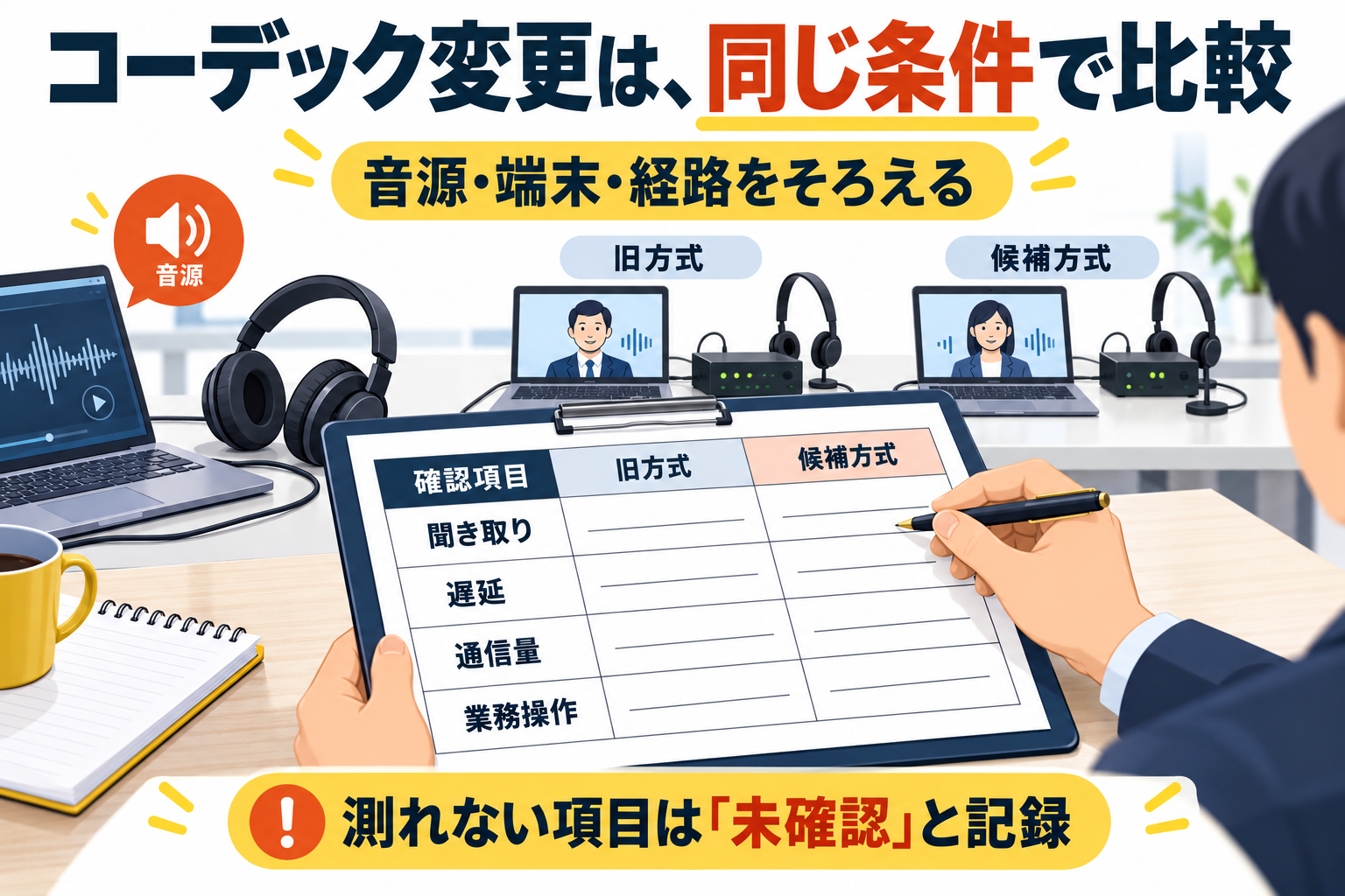 同じ条件で旧方式と候補方式を試験し、聞き取り、遅延、通信量、業務操作を記録する試験机と比較表。